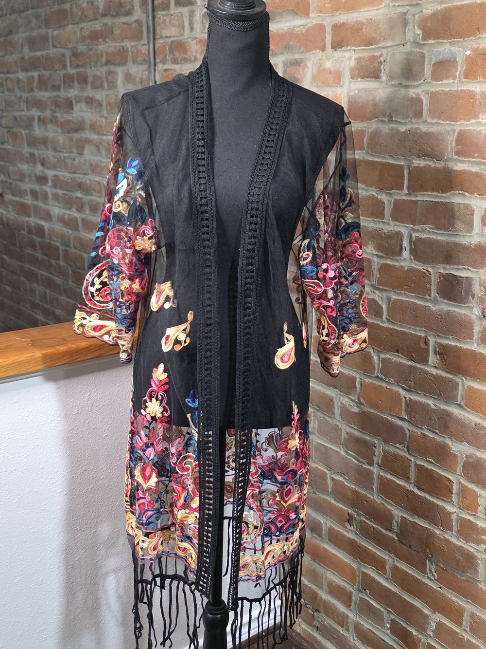 Boutique Black Sheer Mesh Embroidered Duster Cardigan Kimono Paisley Fringe